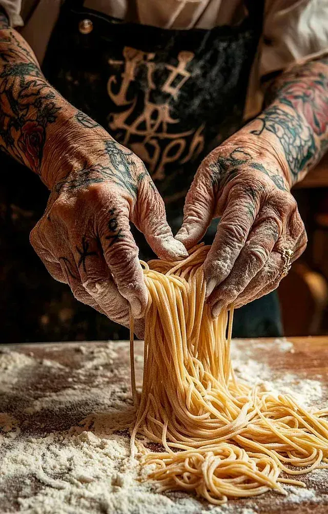 Un hombre con tatuajes está haciendo fideos en una mesa.
