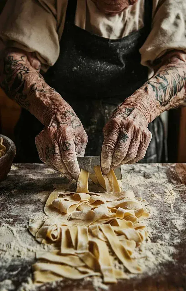 Manos cortando pasta artesanal