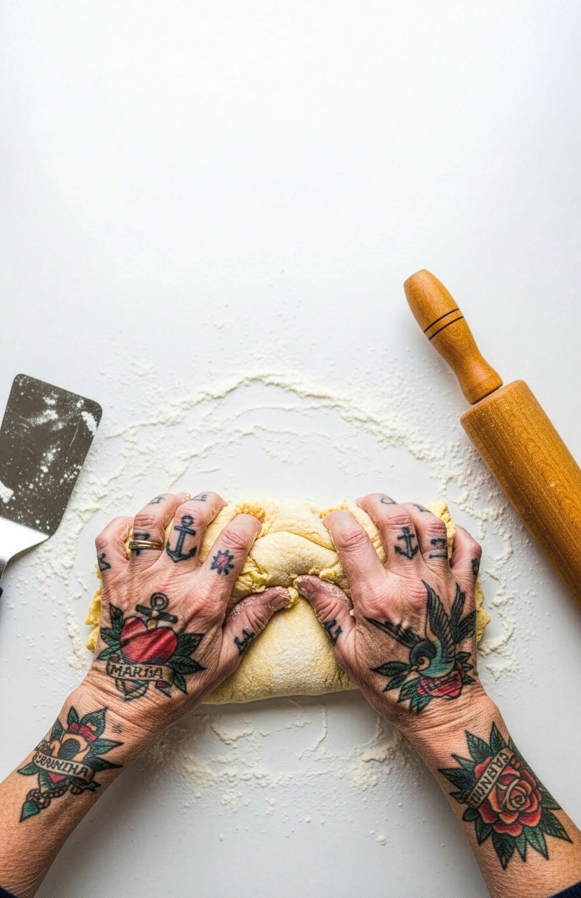 Unas manos profusamente tatuadas amasan una montaña de masa amarilla sobre una superficie blanca, con un rodillo de madera y una espátula de metal a mano.