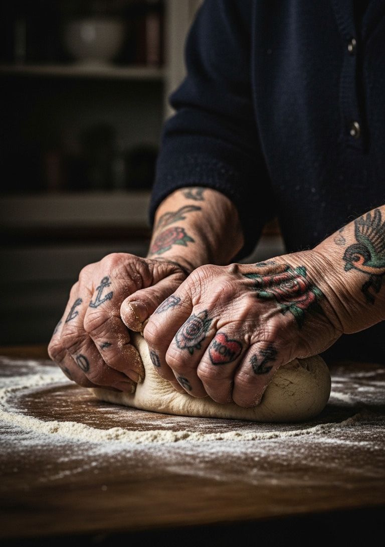 Manos tatuadas amasando una bola de masa sobre una superficie de madera enharinada en un entorno de cocina.
