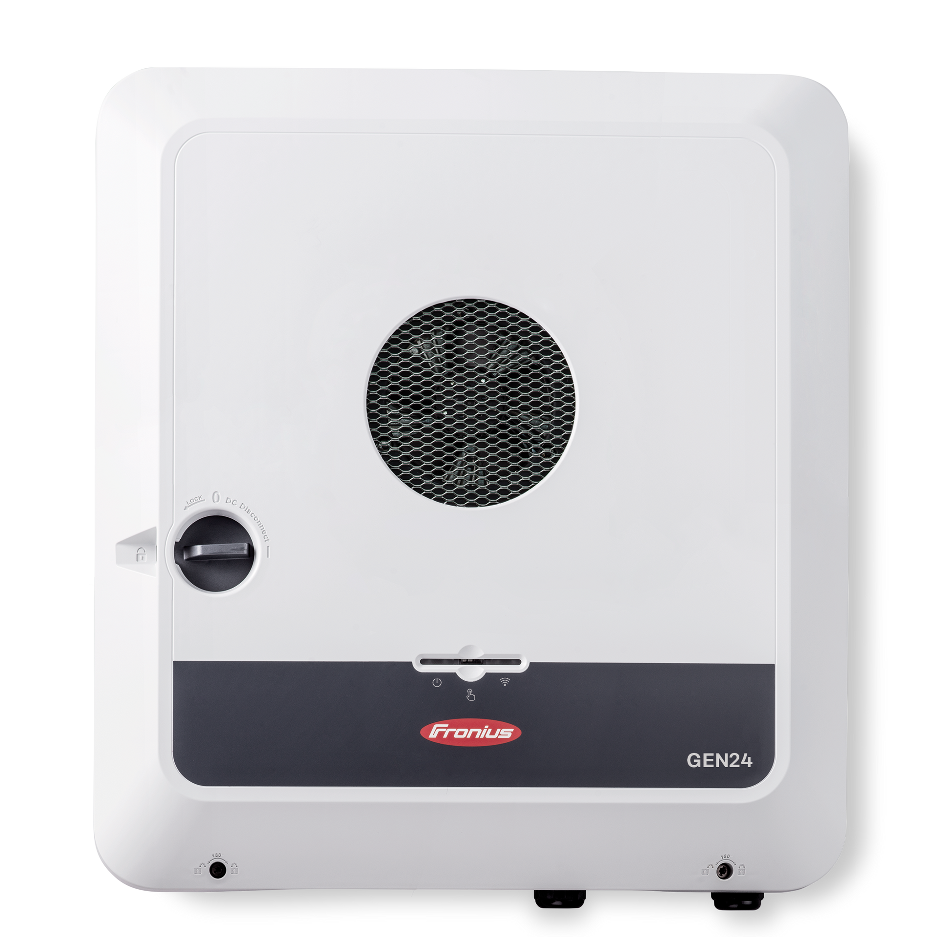 Weißer Fronius Solarwechselrichter mit dunkelgrauem Panel und Lüftungsöffnung. Modell UE M24.