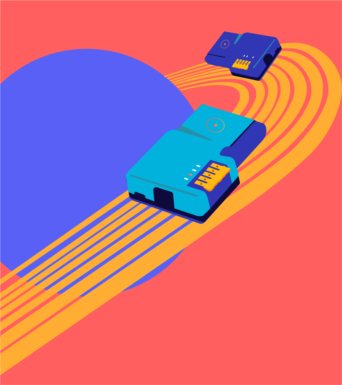 Zwei blaue Geräte rasen auf orangefarbenen und gelben Pfaden auf eine violette Kugel vor einem korallenfarbenen Hintergrund zu.