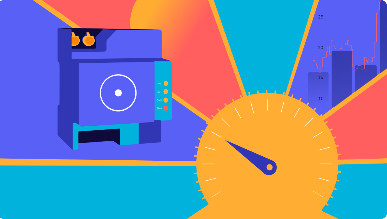 Blaues Gerät mit Zifferblatt und Stadtbild vor einem farbenfrohen Sunburst-Hintergrund.