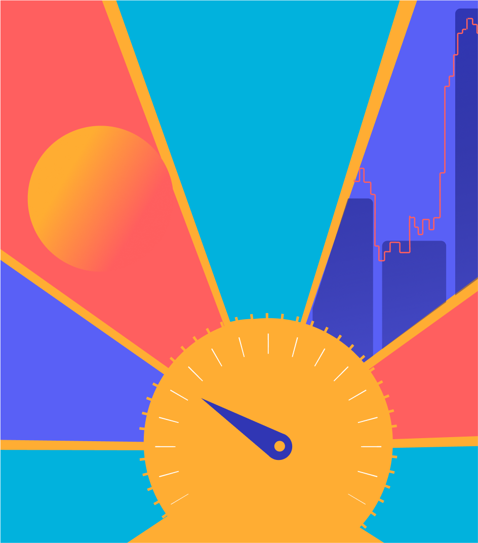 Abstrakte Illustration mit einer Sonne, Gebäuden und einem Messgerät.