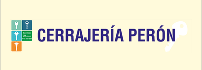 Logo de Cerrajería Perón sobre fondo beige, con iconos de llaves en azul, verde y naranja.
