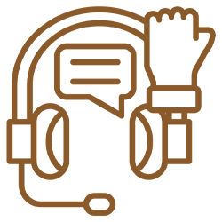 A line drawing of a person wearing headphones and a hand holding a microphone.