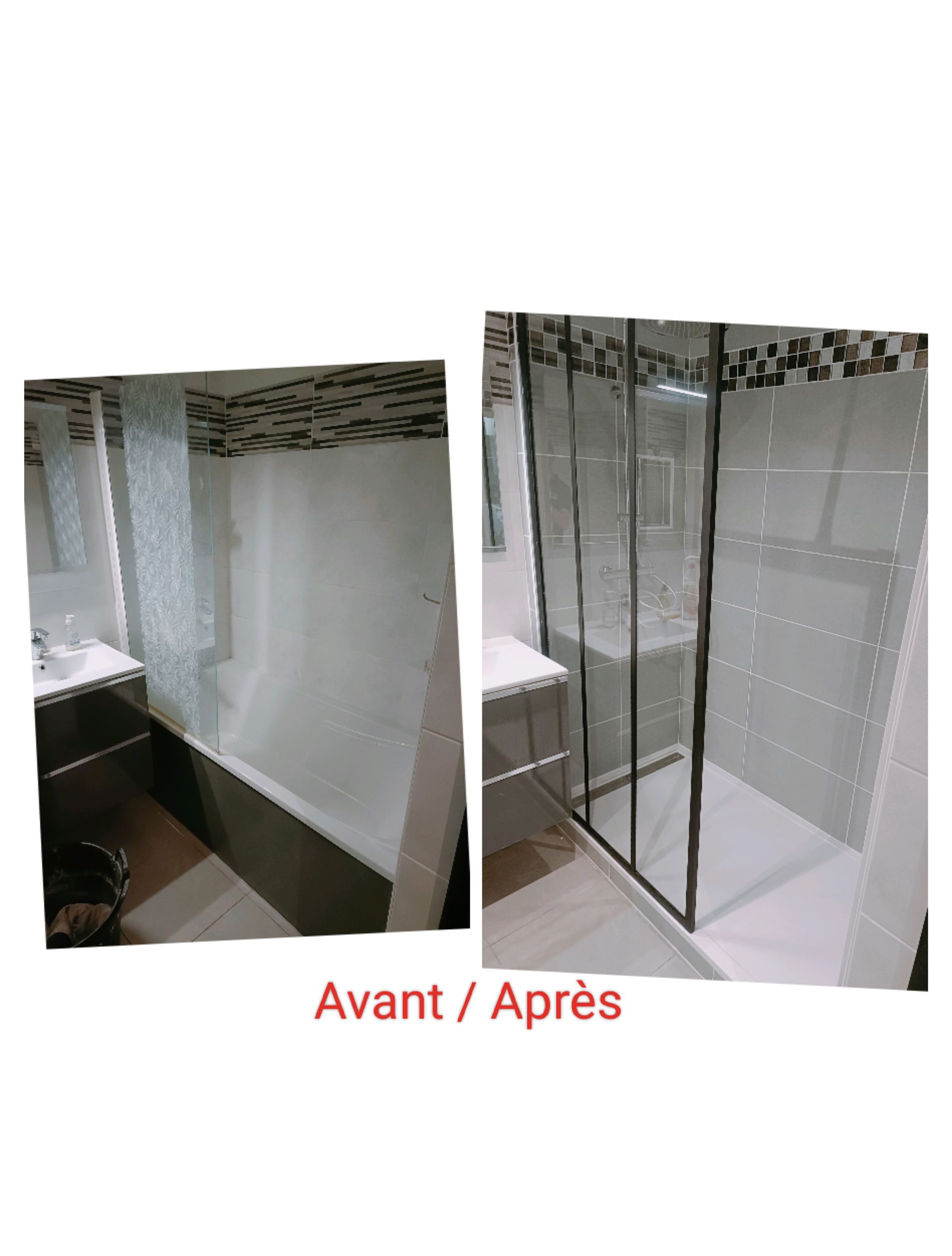 Avant/après d’une douche avec paroi vitrée installée.