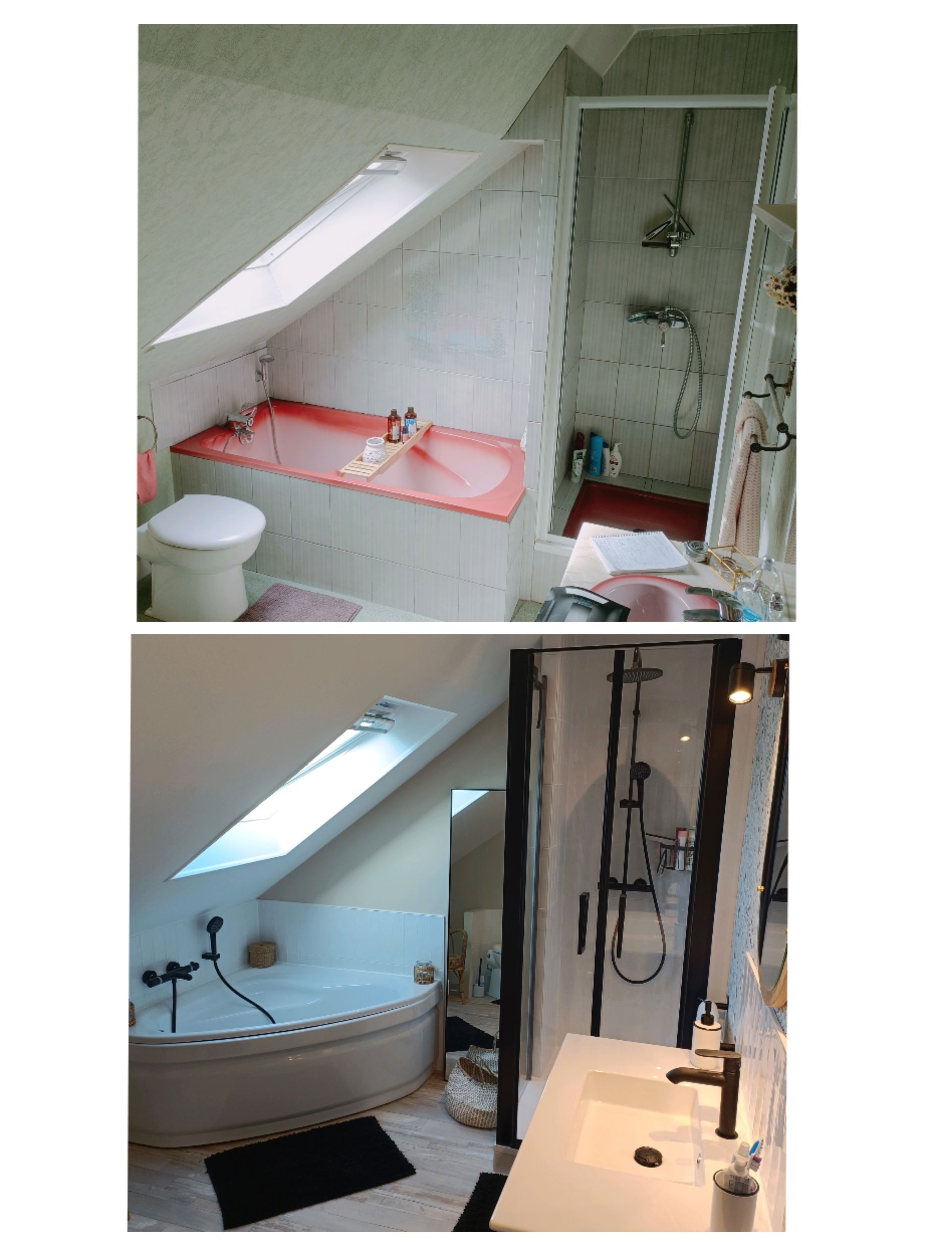 Salle de bains avant et après : ancienne baignoire et douche, puis salle de bains rénovée avec douche en verre et meuble lavabo.
