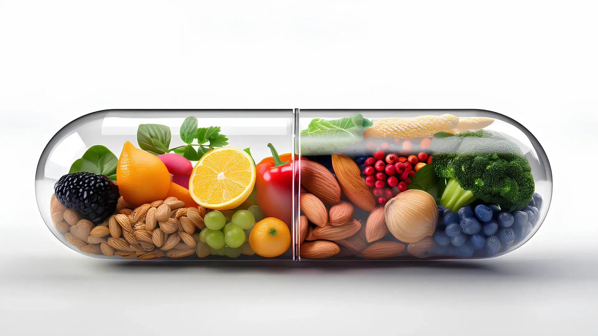 Cápsula de píldora llena de frutas, verduras y nueces de colores, que representan nutrientes saludables.