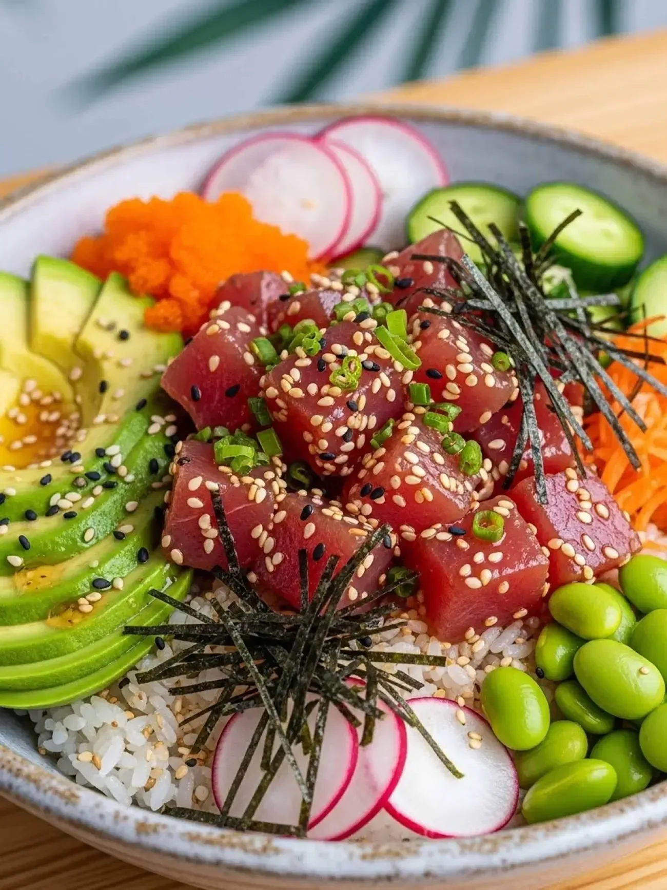 Poke bowl con atún, aguacate, verduras y arroz.