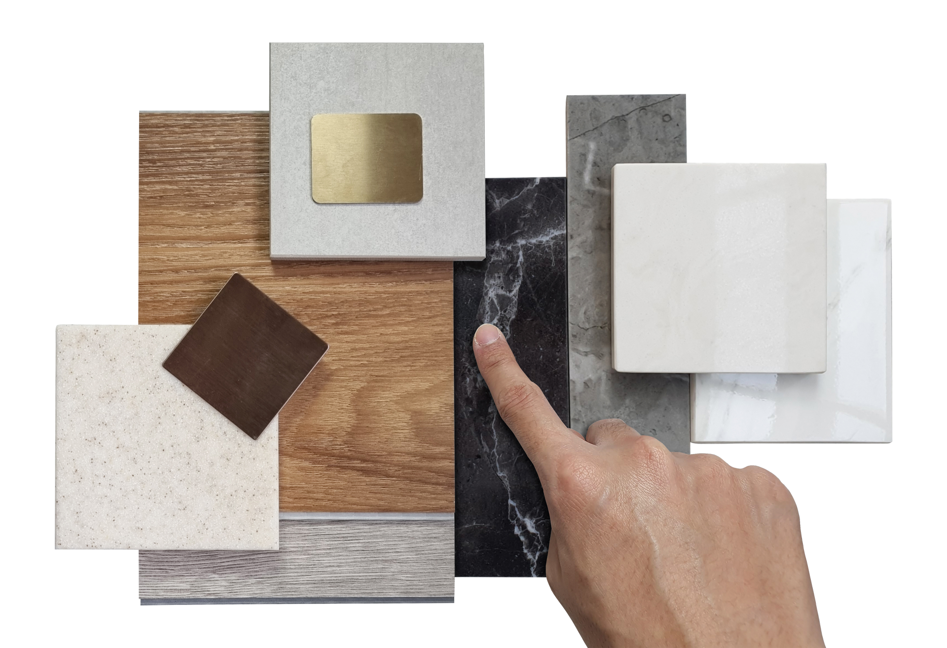 Une main avec des morceaux de carrelage et de parquet.