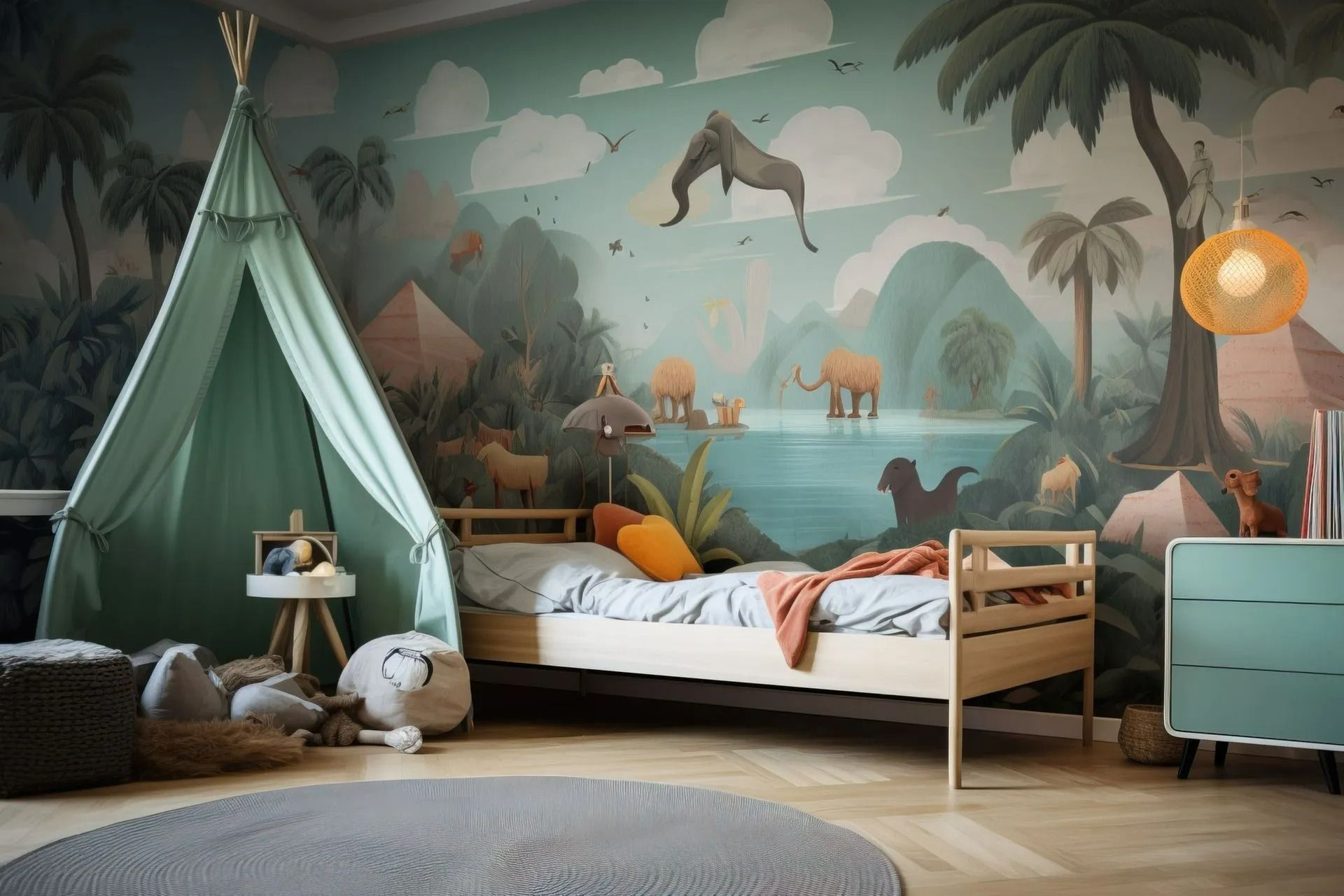 Chambre d'enfant avec une fresque murale sur le thème de la jungle, un lit, une tente de jeu et une commode turquoise.