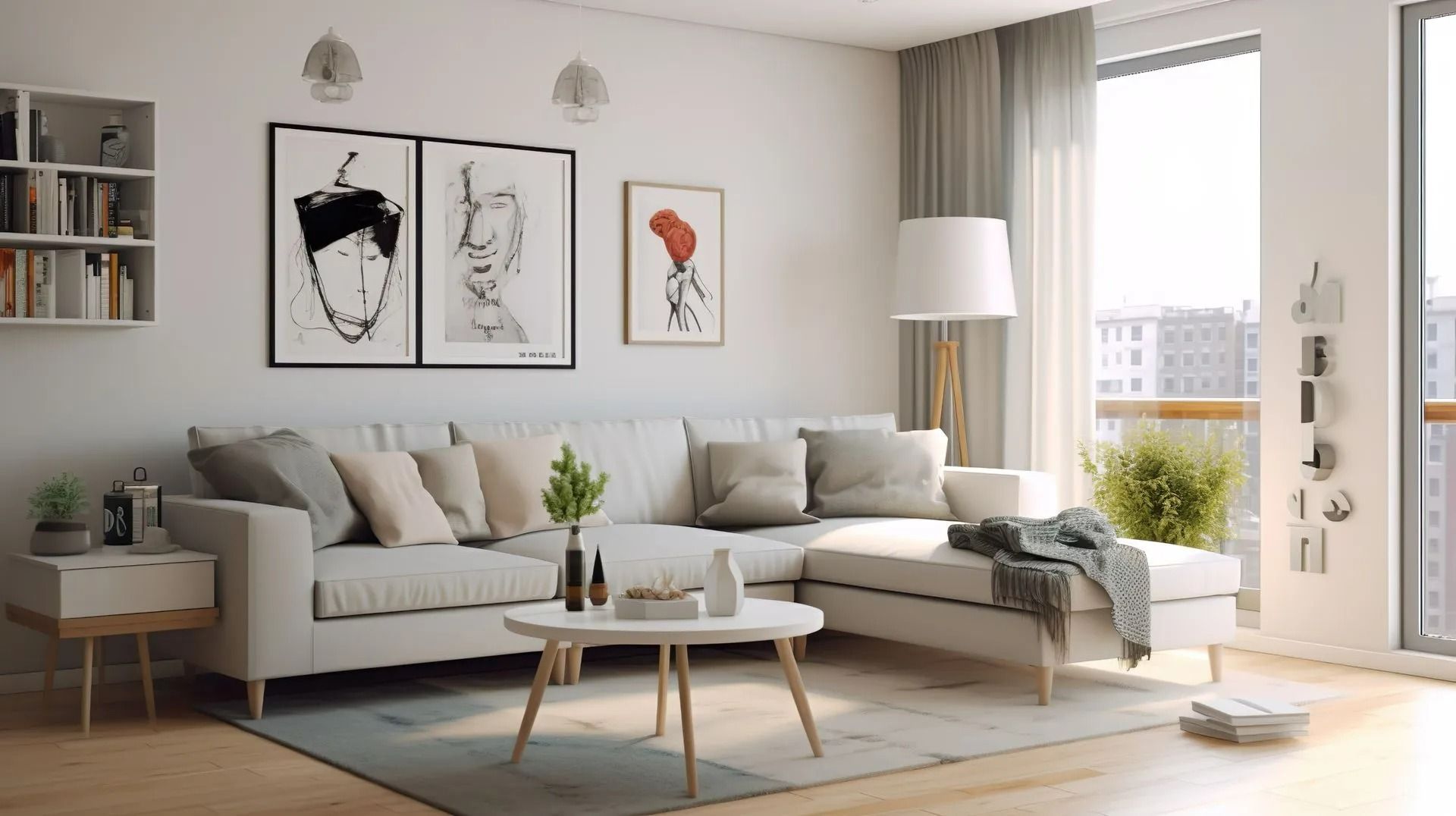 Canapé d'angle blanc dans un salon moderne avec œuvres d'art, table basse et grandes fenêtres.