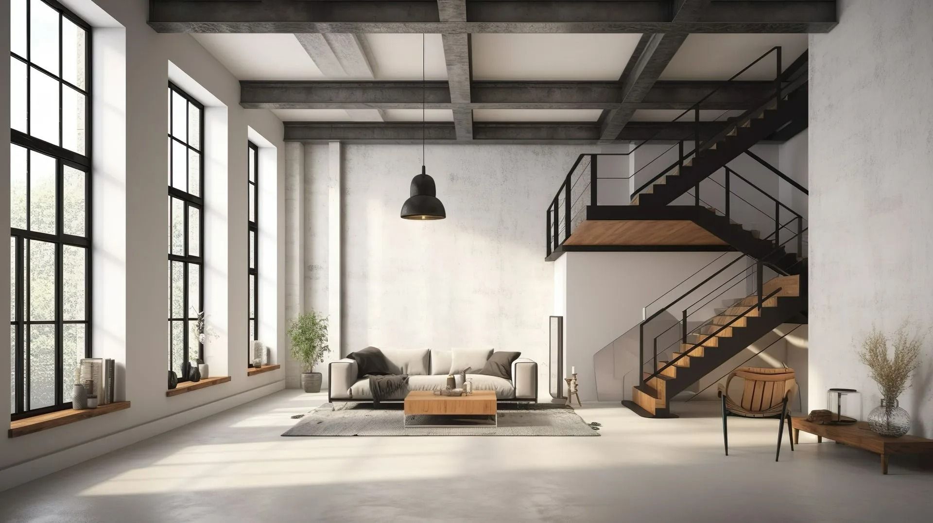 Intérieur de type loft avec poutres apparentes, grandes fenêtres et escalier. Le mobilier comprend un canapé, une table basse et un tapis.