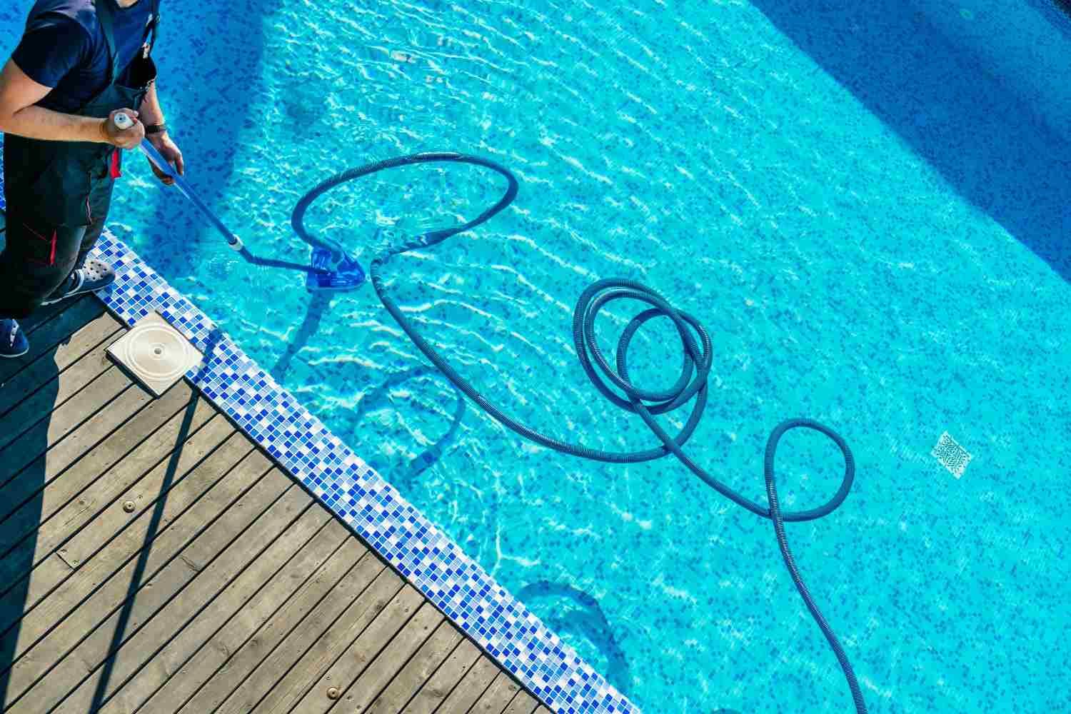 Manguera de aspiración de piscina enrollada en una piscina azul junto a una terraza de madera.