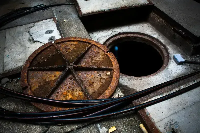Una trampilla metálica oxidada se abre en un suelo de hormigón, con un pozo circular oscuro a su lado.