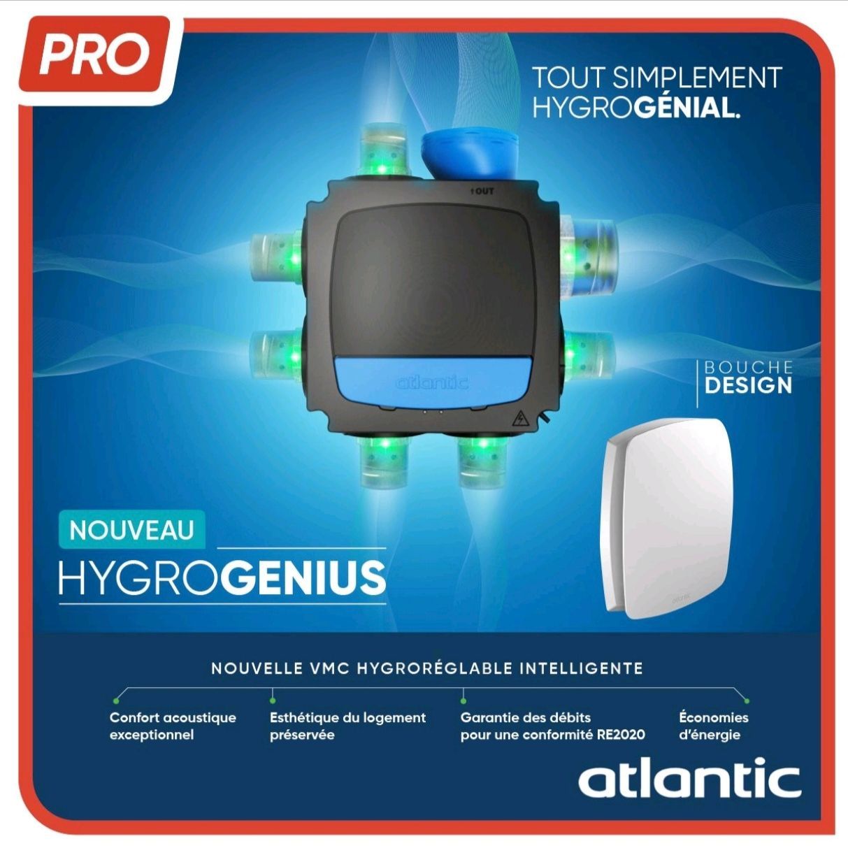 Graphique publicitaire pour Atlantic HygroGenius VMC, fond bleu avec unité de ventilation centrale noire et module blanc