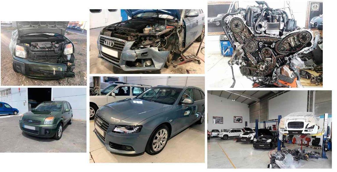Un collage de fotografías de coches siendo reparados en un garaje.