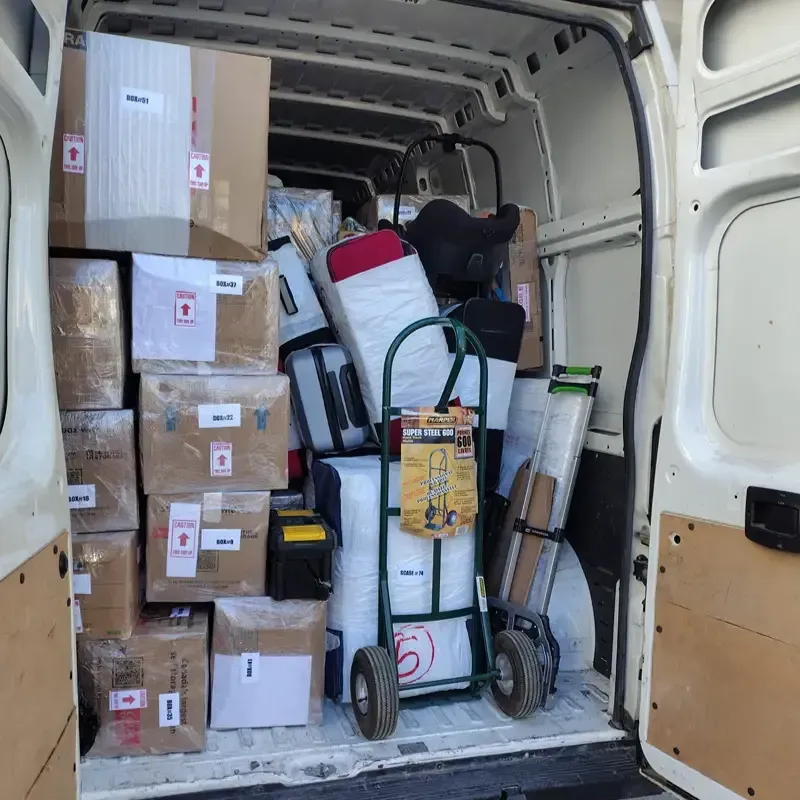 Furgoneta de reparto cargada con cajas de cartón apiladas y una carretilla en el interior de la zona de carga abierta.
