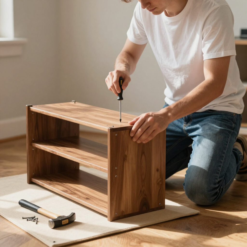 Una persona monta una estantería de madera con un destornillador en un suelo soleado.