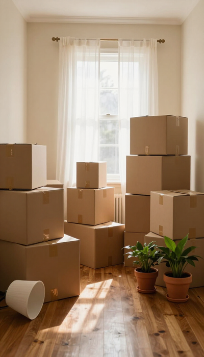 Habitación soleada con cajas de mudanza apiladas, plantas en macetas y una alfombra enrollada sobre un suelo de madera.