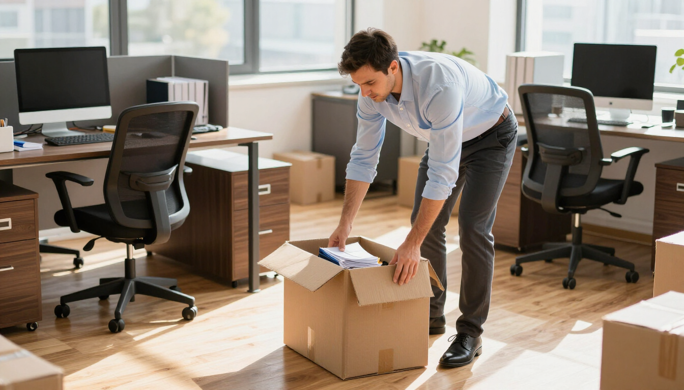 Una persona desempaqueta cajas en una oficina luminosa con escritorios, sillas y ordenadores.
