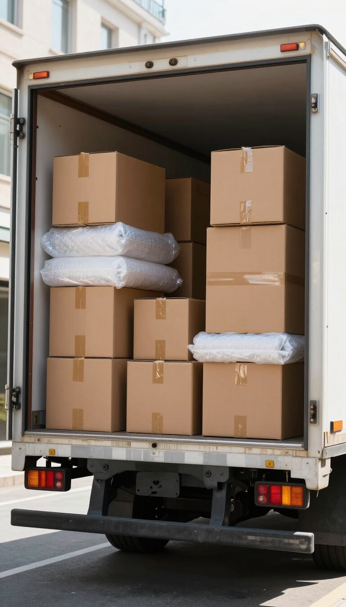 Camión de reparto abierto, cargado de cajas de cartón y paquetes envueltos en la abertura trasera.