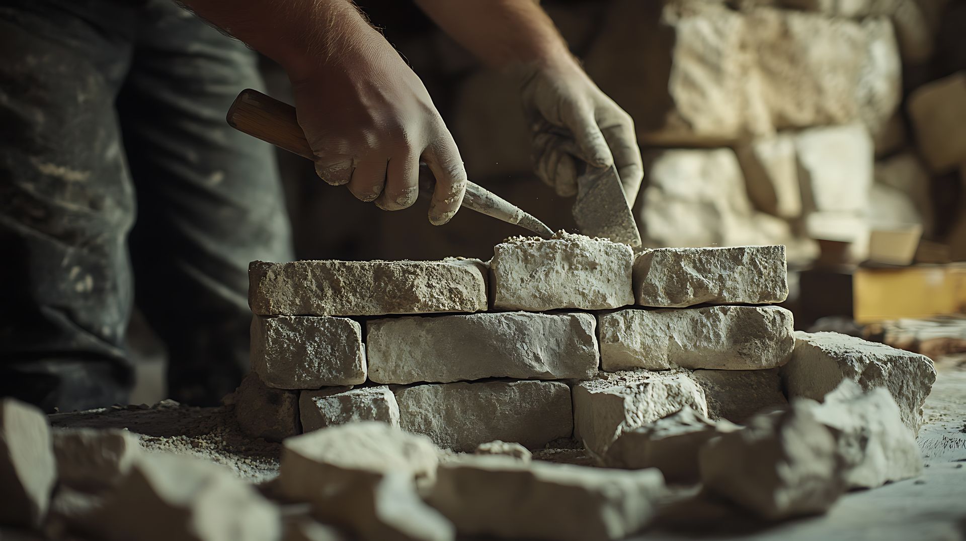 Maçon empilant des pierres au mortier