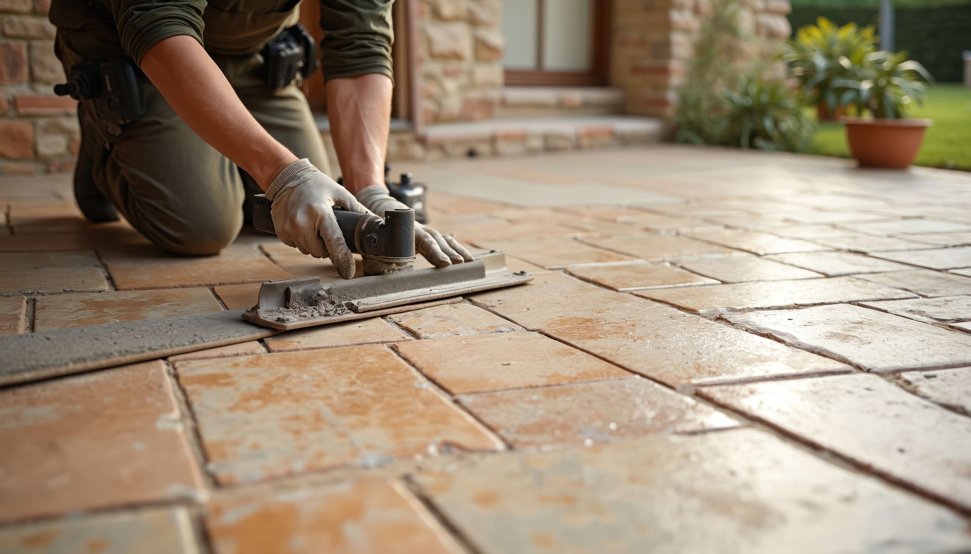 Artisan carrelant une terrasse