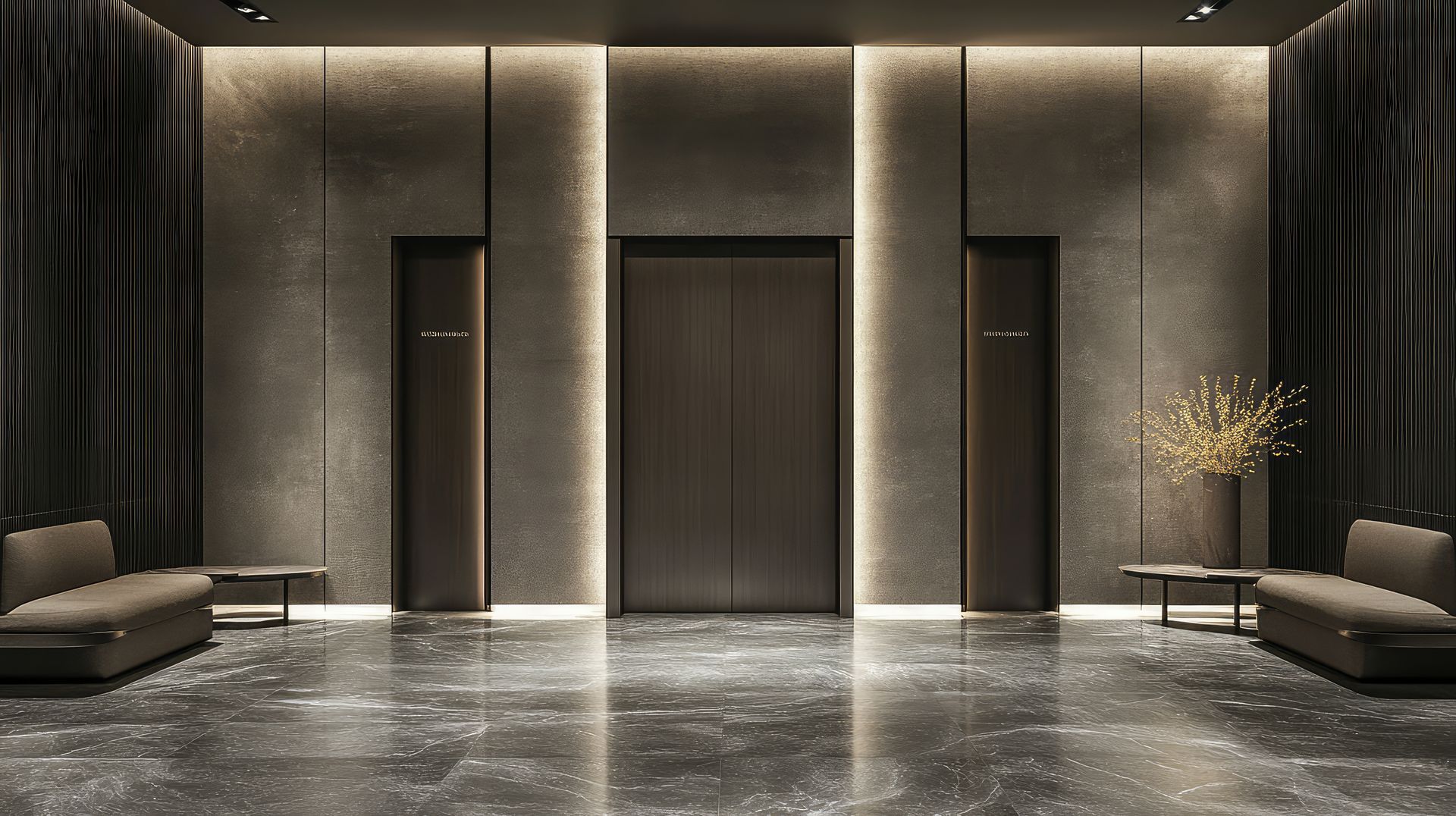 Un hall d'ascenseur moderne et tamisé, avec des murs en pierre sombre, un éclairage d'accentuation vertical doux, deux canapés et un sol en marbre.