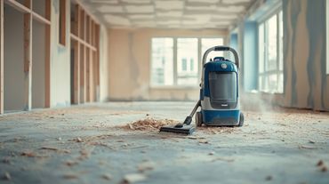 Un aspirateur bleu est posé sur un sol poussiéreux et inachevé dans une pièce en construction dont les murs sont constitués d'une ossature en bois.