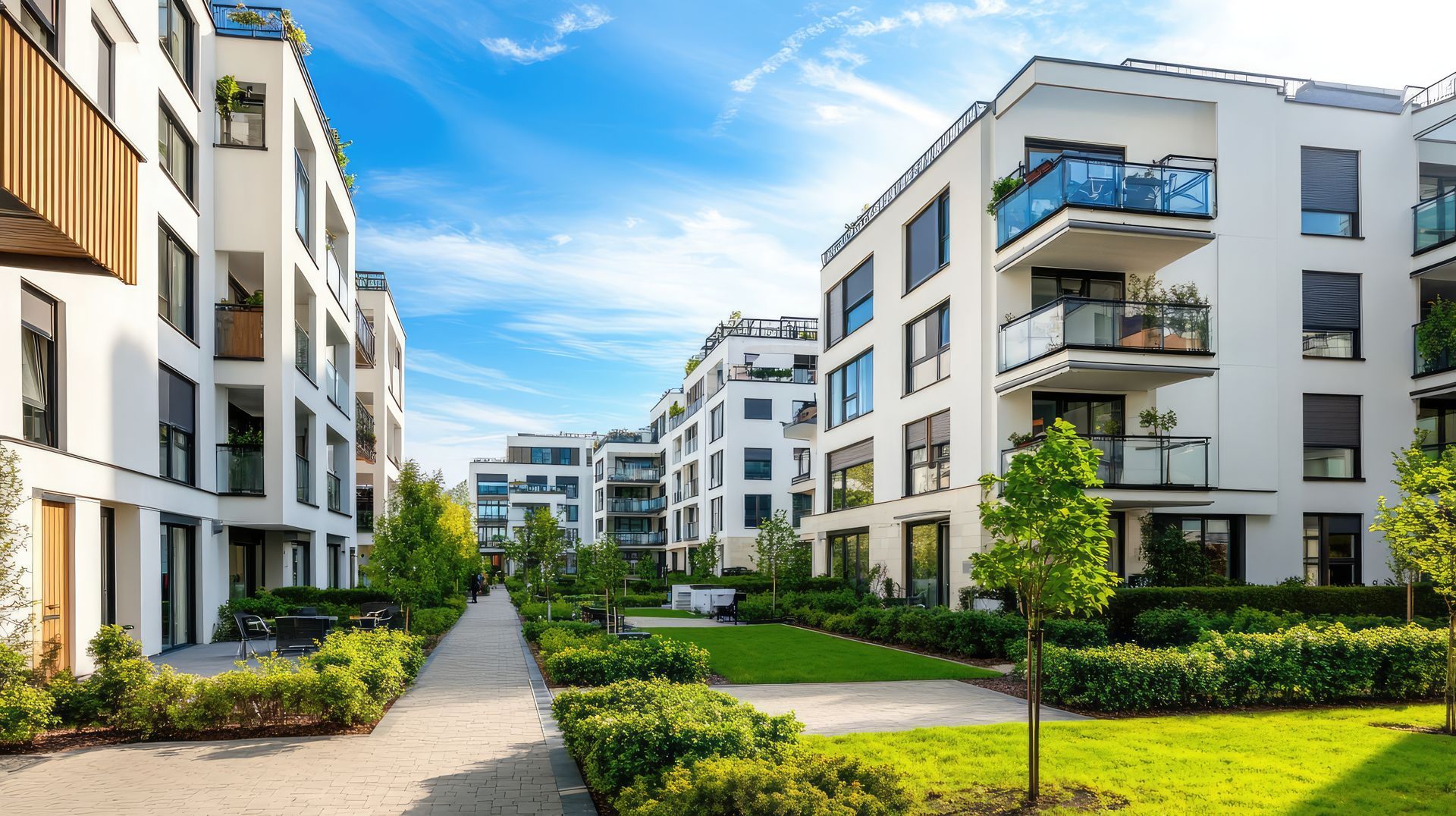 Des immeubles d'appartements modernes, blancs et dotés de balcons, bordent un chemin piétonnier et des pelouses verdoyantes impeccablement entretenues.