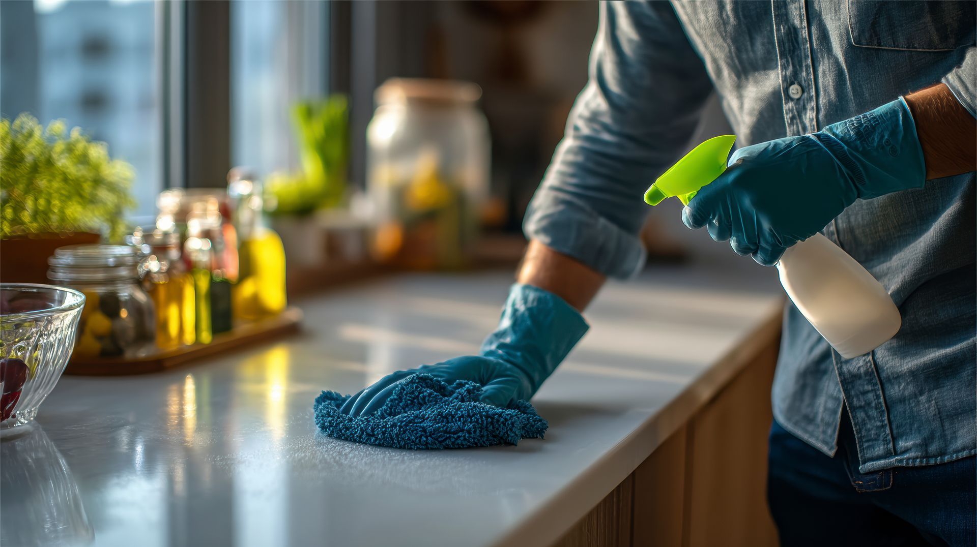 Une personne portant des gants bleus essuie un plan de travail blanc propre avec un chiffon, en tenant un flacon pulvérisateur vert.