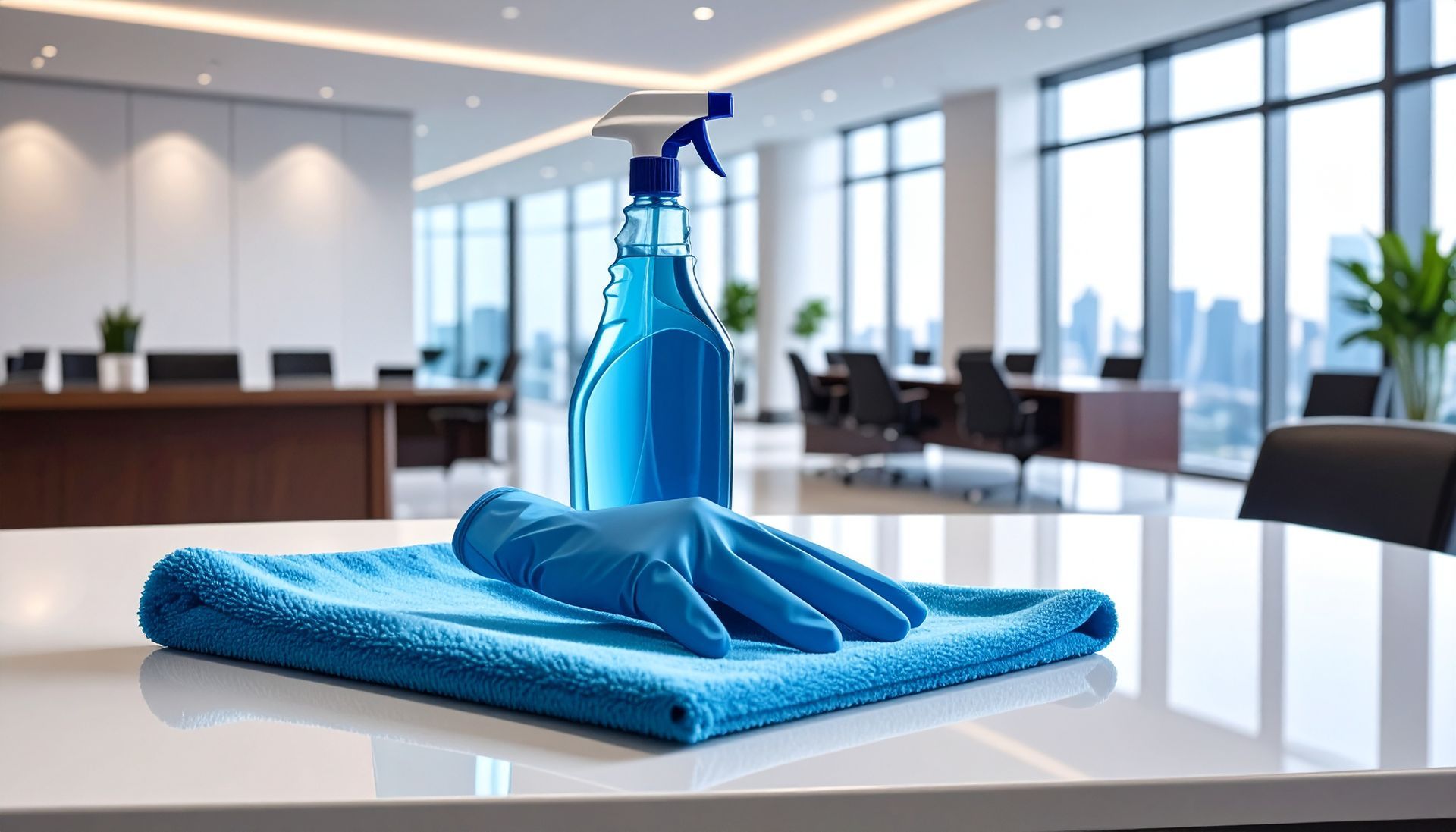 Dans un espace de bureau moderne, un spray nettoyant bleu, un gant en caoutchouc et un chiffon en microfibre plié sont posés sur un bureau blanc.