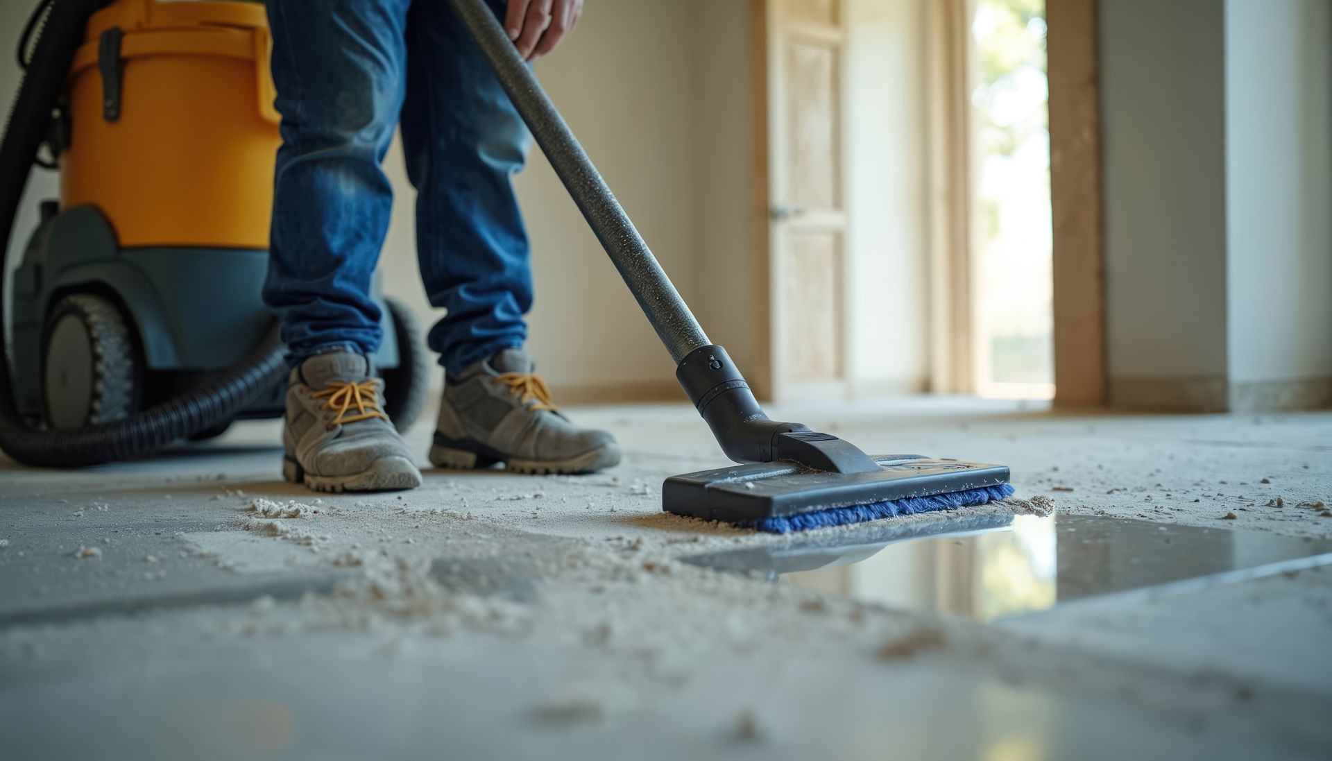 Une personne en jeans et bottes de travail utilise un aspirateur d'atelier jaune pour nettoyer la poussière de chantier sur un sol.