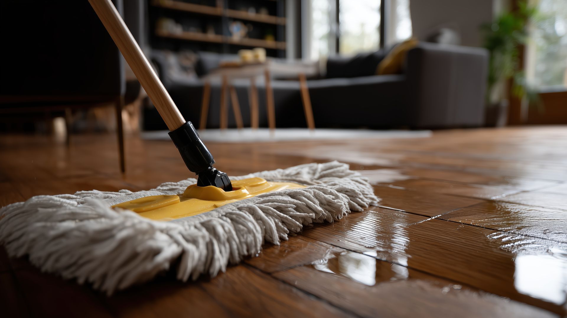 Une serpillière nettoie un parquet mouillé dans un salon, avec un canapé et des meubles.