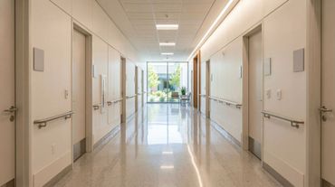 Un couloir d'hôpital moderne et lumineux, avec des murs blancs, des portes des deux côtés, des rampes et une extrémité vitrée donnant sur l'extérieur.