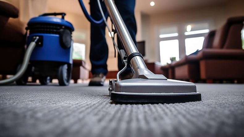 Une personne nettoie une moquette grise texturée avec un aspirateur argenté, un aspirateur traîneau bleu étant visible en arrière-plan.