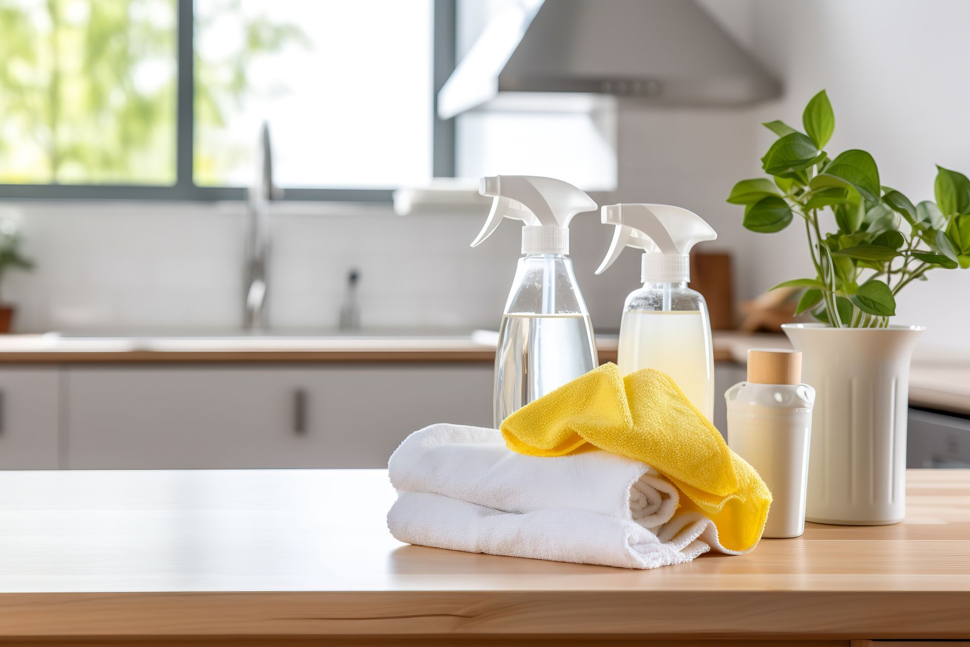 Des produits de nettoyage, notamment deux flacons pulvérisateurs, une pile de serviettes blanches, un chiffon jaune et une plante en pot sur un comptoir.