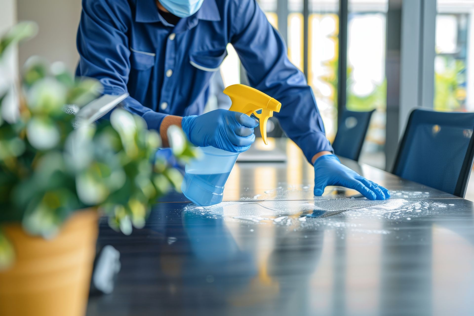Une personne en uniforme bleu et gants utilise un flacon pulvérisateur jaune pour nettoyer une table de bureau sombre.