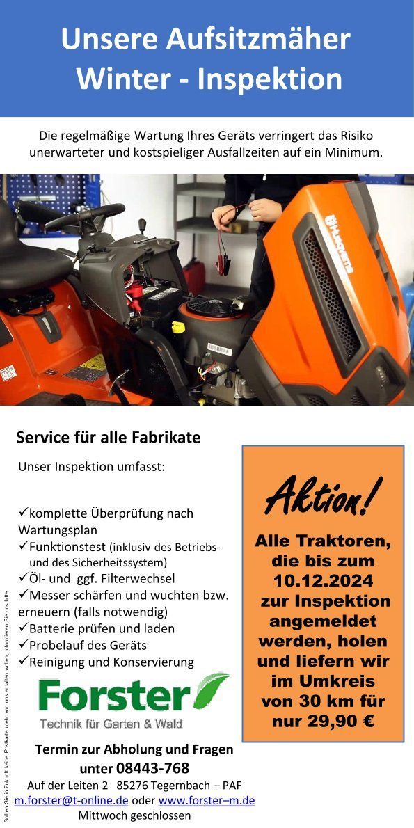 Husqvarna Flyer Aufsitzmäher Winter-Inspektion