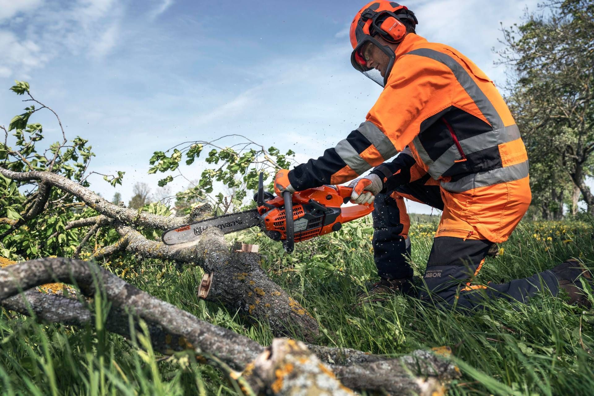 Ein Mann zerschneidet einen Baum mit einer Husqvarna Kettensäge