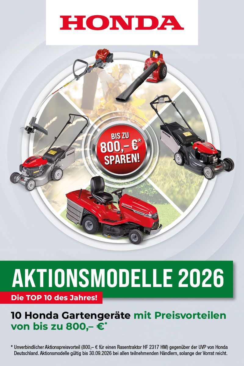 Honda ad with red lawn and garden machines, “Aktionsmodelle 2026” and “bis zu 800 € sparen” promotion