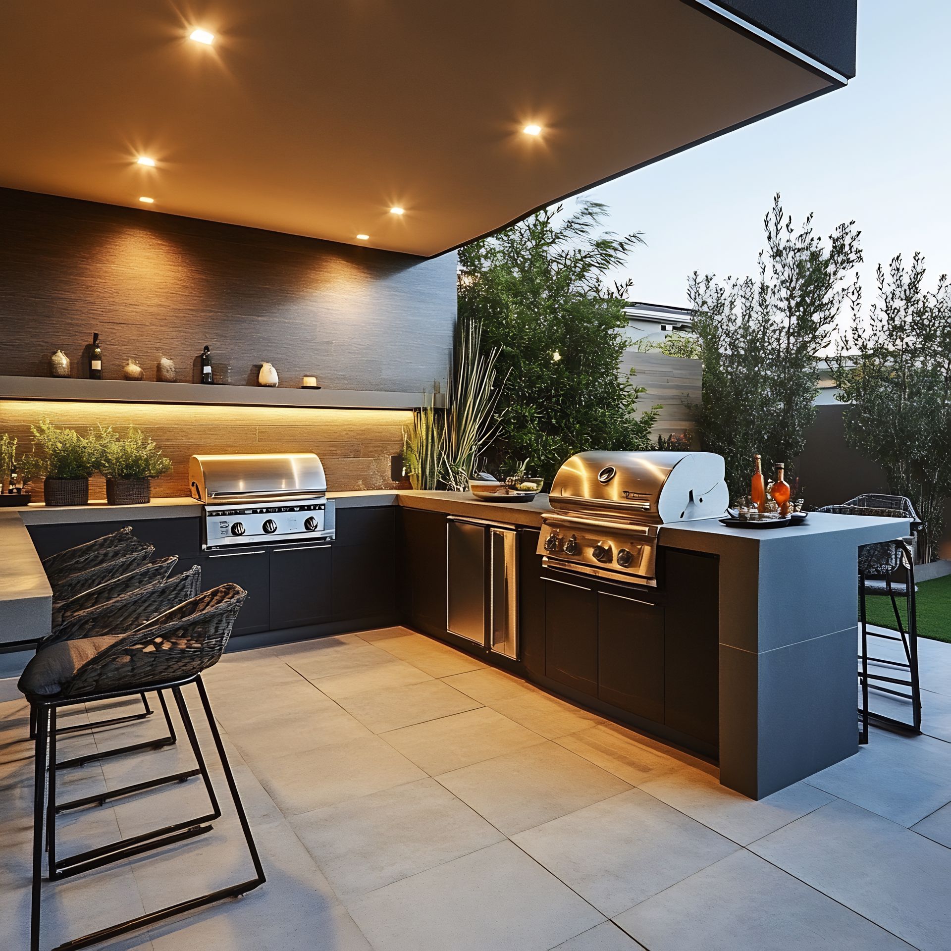 Cuisine ouverte extérieure avec barbeucu intégré