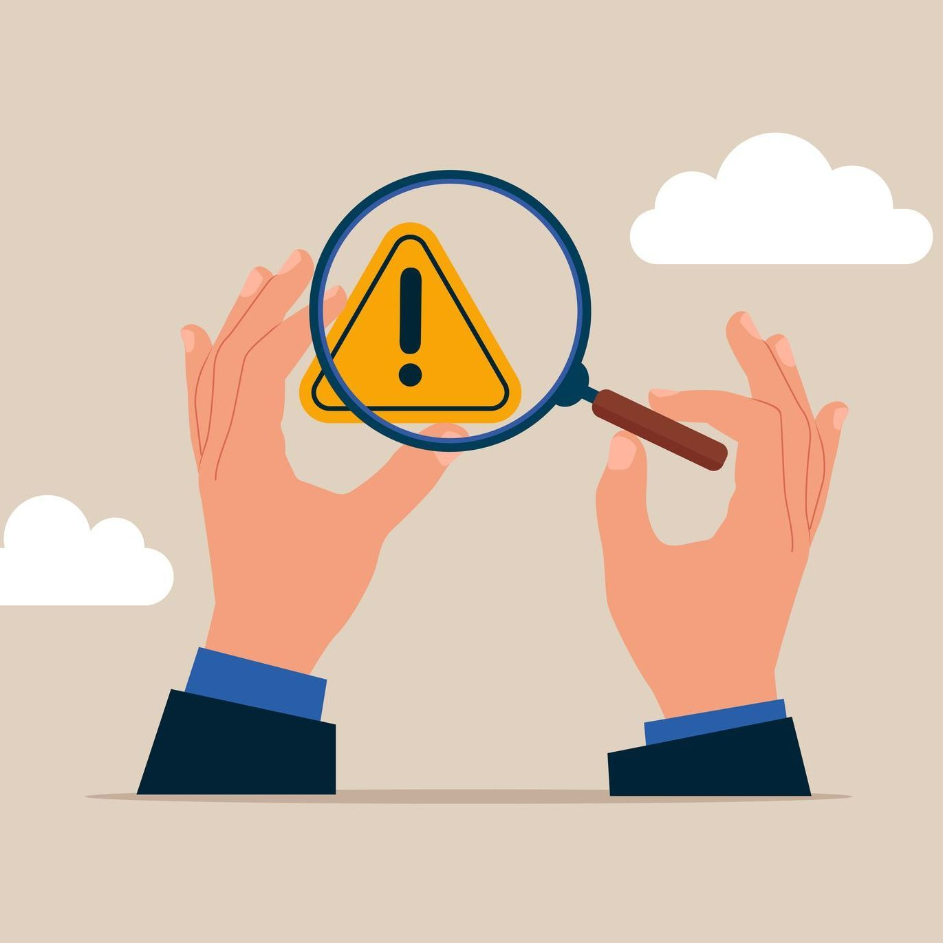 Mains portant une loupe, picto attention avec point d'exclamation