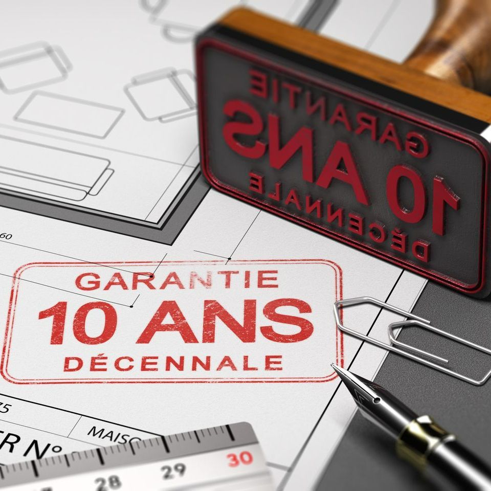Tampon garantie décennale, crayon, trombone et plan d'architecte