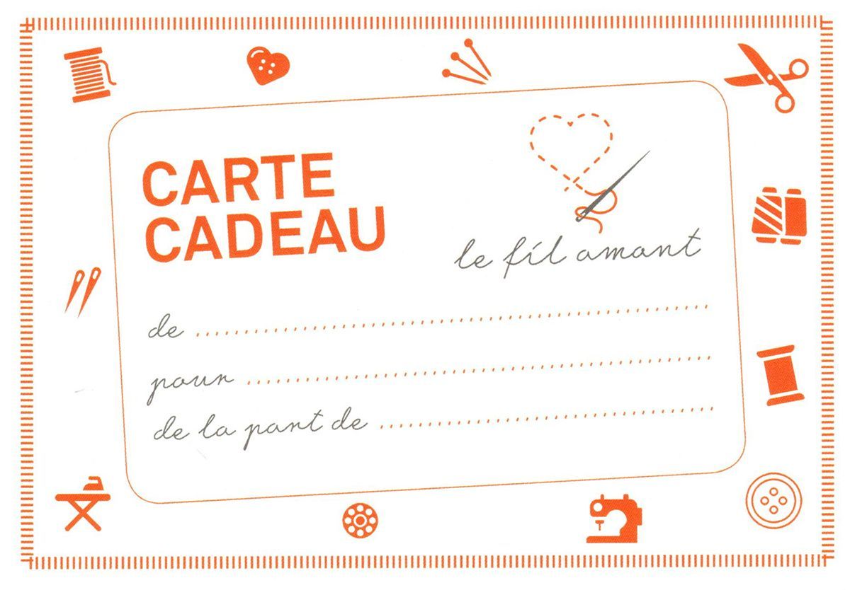 Carte-cadeau avec bordure à motif couture et espace pour le destinataire, la valeur et le nom du donateur.
