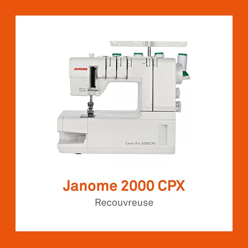 Machine à coudre surjeteuse Janome 2000 CPX blanche avec des accents verts, sur un cadre carré orange.