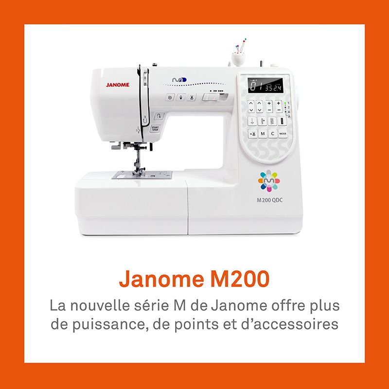 Une machine à coudre Janome M200 blanche avec l'inscription : « Janome M200 » et une description de la nouvelle série.