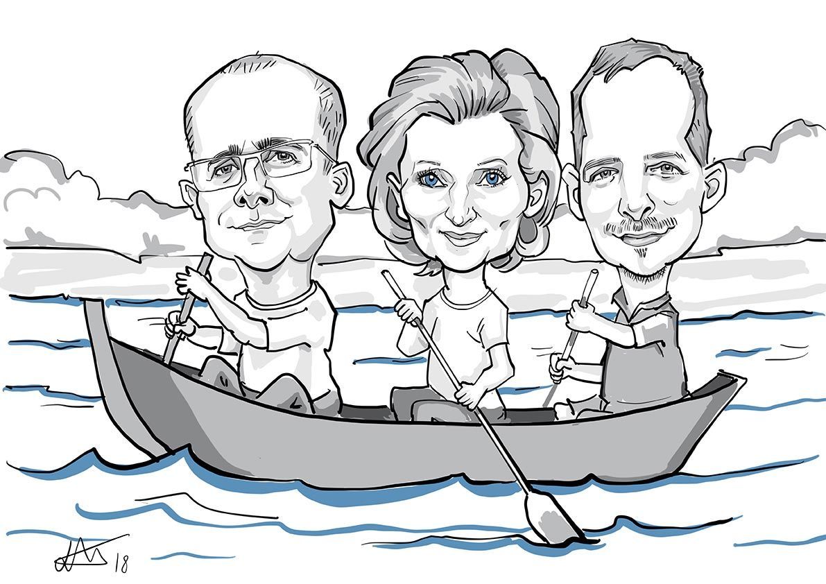 eine Karikatur eines Mannes , einer Frau und eines Jungen in einem Boot .